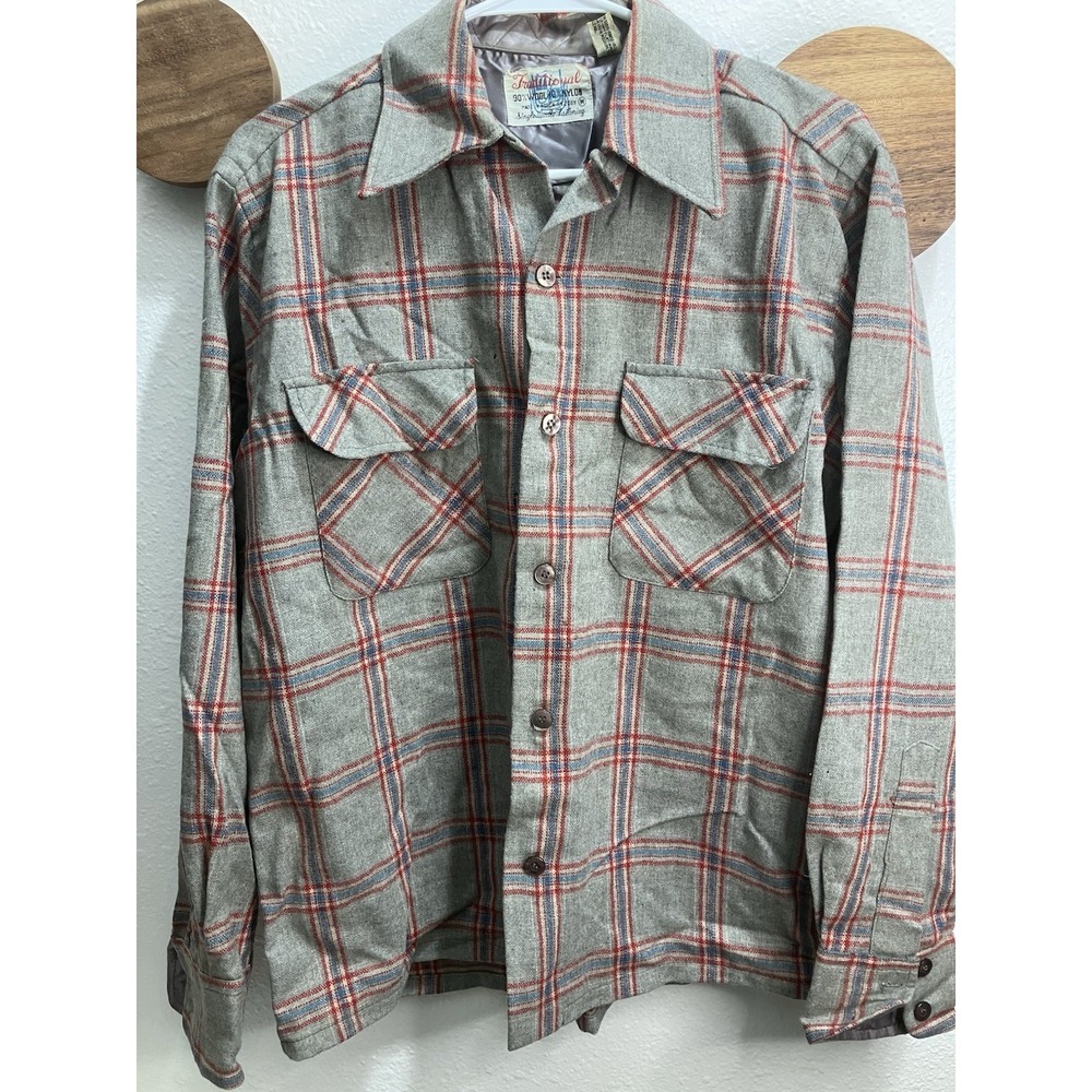 Vintage‎ 60s 70s Wool Flannel Shirt Plaid Distressed Grunge Workwear Men's M